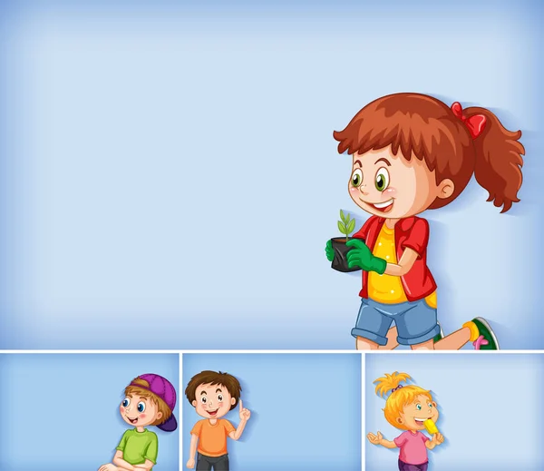 Conjunto Diferentes Personajes Infantiles Ilustración Fondo Color Azul — Vector de stock