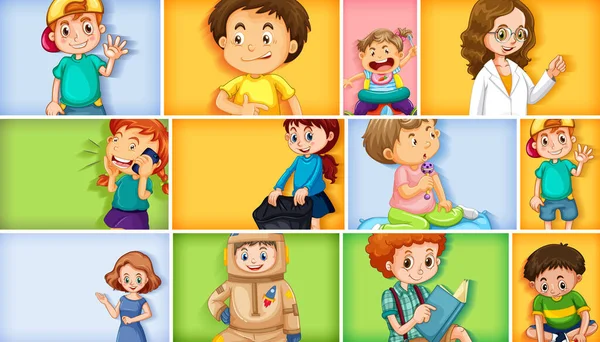 Set Van Verschillende Kind Karakters Verschillende Kleuren Achtergrond Illustratie — Stockvector