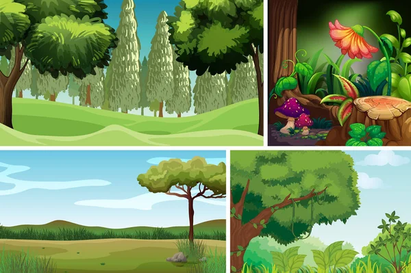 Четыре Различных Сцены Природы Иллюстрации Стиле Лесной Карикатуры — стоковый вектор