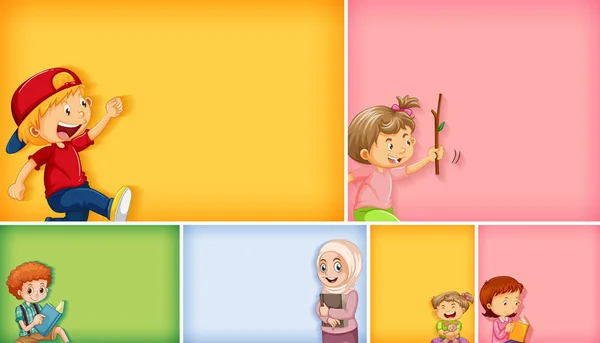 Set Karakter Anak Yang Berbeda Pada Ilustrasi Latar Belakang Warna - Stok Vektor