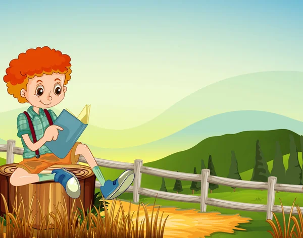 Boy Sitting Reading Book Farm Scene Illustration — Stock Vector