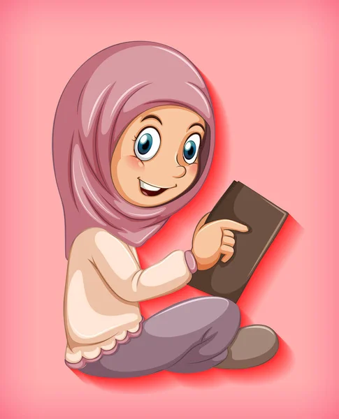 Kitap Resimlerini Okuyan Müslüman Bir Kız — Stok Vektör