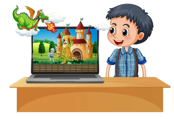 Menino Lado Laptop Com Castelo Tela Desktop Ilustração —  Vetores de Stock