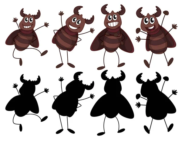 Set Von Insekten Cartoon Figur Und Ihre Silhouette Auf Weißem — Stockvektor
