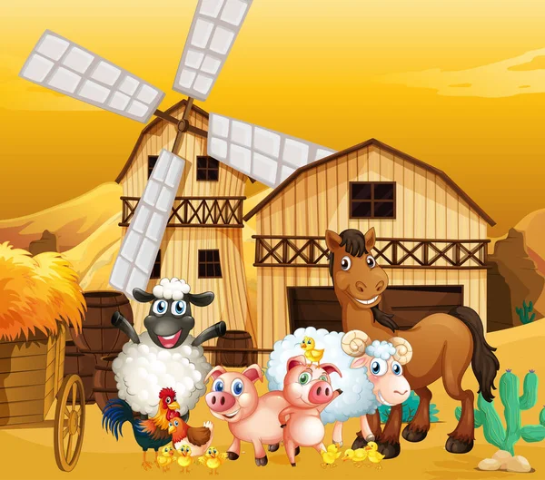 带有谷仓 风车和可爱的动物图解的农场场景 — 图库矢量图片