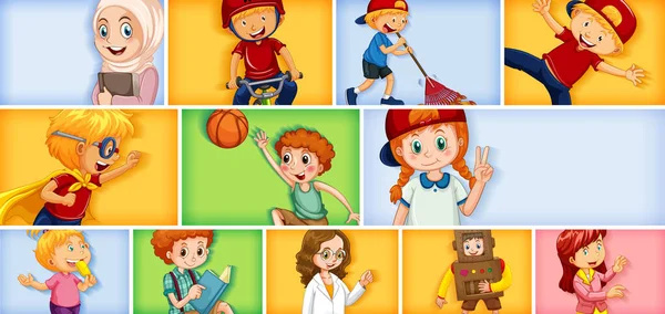 Conjunto Diferentes Personajes Infantiles Diferentes Ilustraciones Fondo Color — Vector de stock