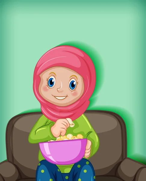 Vrouwelijke Moslim Cartoon Karakter Eten Popcorn Illustratie — Stockvector
