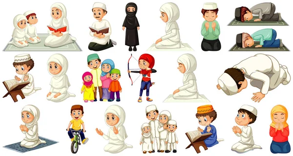 Set Von Verschiedenen Muslimischen Menschen Cartoon Figur Isoliert Auf Weißem — Stockvektor
