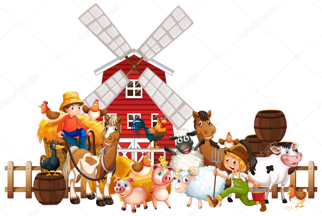 Windmill with animal farm set isolated illustration