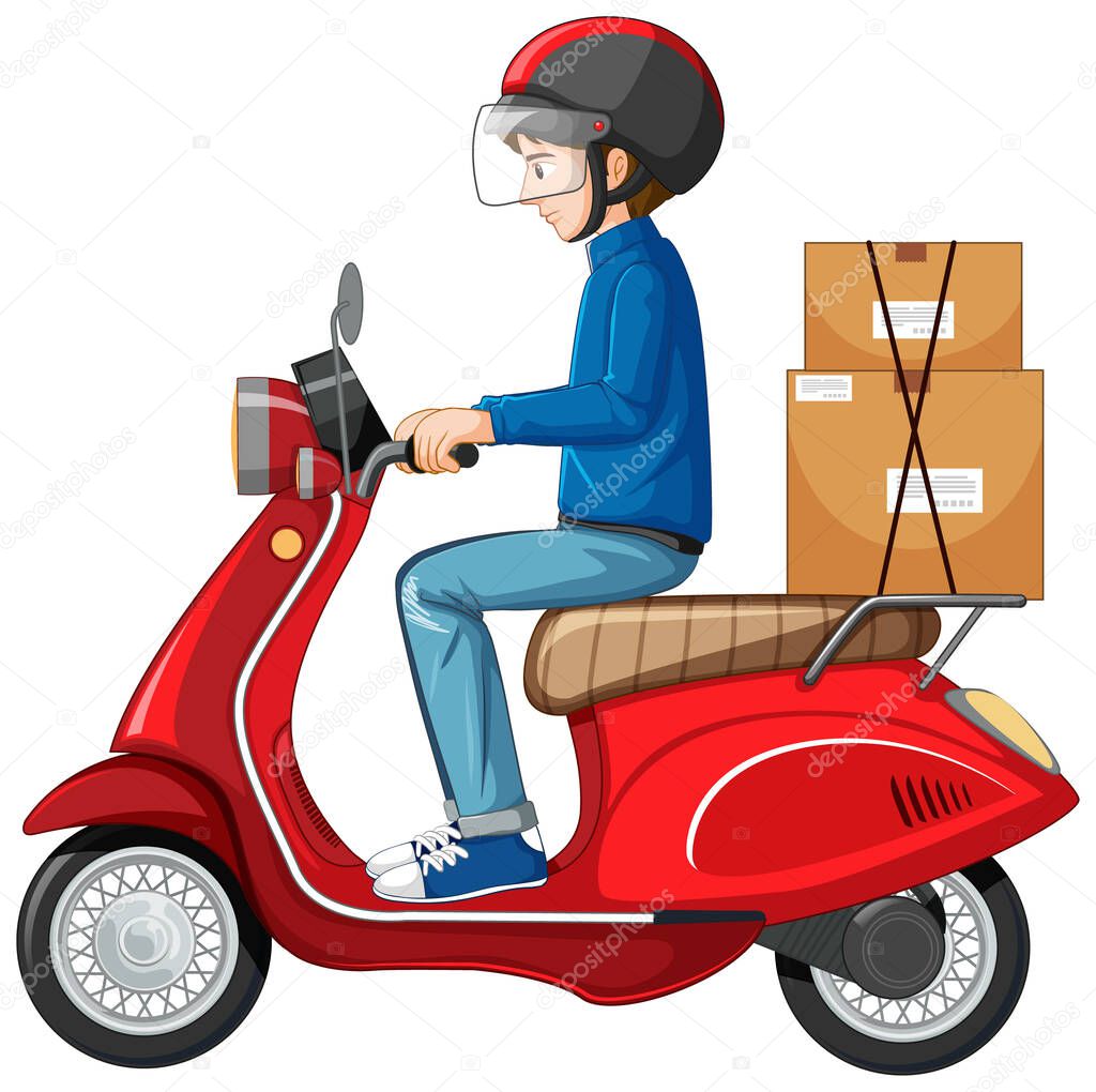 Man riding scooter on white background illustration