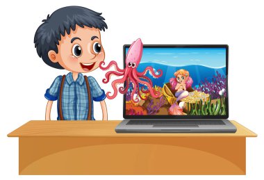 Masada dizüstü bilgisayarın yanındaki çocuk uzay temalı masaüstü resimleriyle