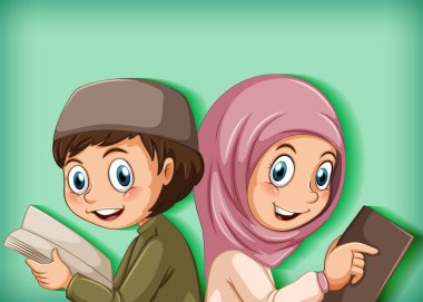 Kitap illüstrasyonunu okuyan Müslüman öğrenciler