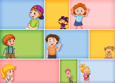 Farklı arkaplan resimlerinde farklı çocuk karakterleri kümesi