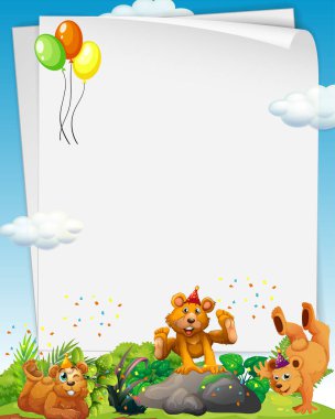 Parti teması illüstrasyonunda bir sürü boz ayı olan boş bir pankart