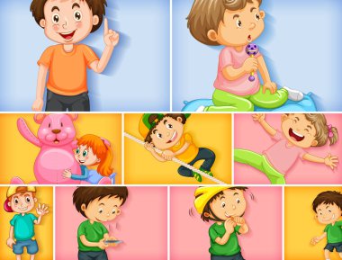 Farklı arkaplan resimlerinde farklı çocuk karakterleri kümesi