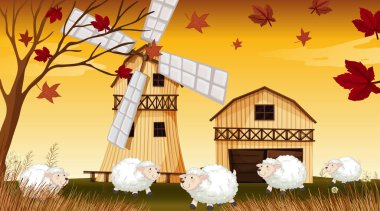 Sonbahar mevsiminde ahırlı, yel değirmenli ve koyunlu doğa sahnesi