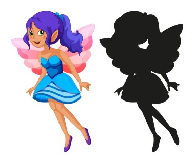 Beyaz arkaplan çiziminde peri karakterleri ve silueti