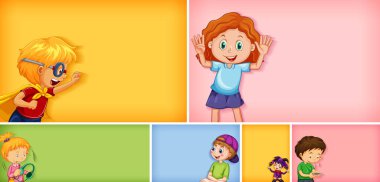 Farklı arkaplan resimlerinde farklı çocuk karakterleri kümesi