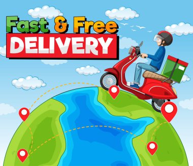 Hızlı ve ücretsiz teslimat logosu. Üzerinde bisikletçi ya da kurye olan.