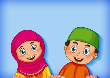 Renkli arkaplan çizimi üzerine mutlu Müslüman çift