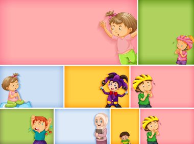 Farklı arkaplan resimlerinde farklı çocuk karakterleri kümesi