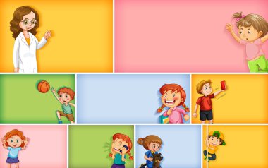 Farklı arkaplan resimlerinde farklı çocuk karakterleri kümesi