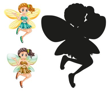 Beyaz arkaplan çiziminde peri karakterleri ve silueti