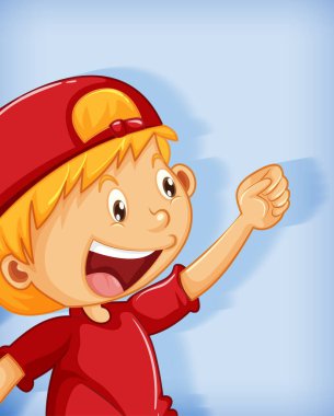 Mavi arkaplanda izole edilmiş, kırmızı şapkalı, boğuk duruşlu çizgi film karakteri olan sevimli çocuk.