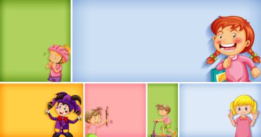 Farklı arkaplan resimlerinde farklı çocuk karakterleri kümesi
