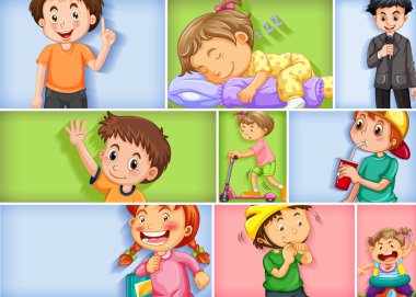 Farklı arkaplan resimlerinde farklı çocuk karakterleri kümesi