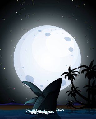 Doğadaki kambur balina sahne silueti çizimi