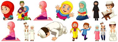 Beyaz arkaplan resimlerinde izole edilmiş farklı müslüman çizgi film karakterleri.