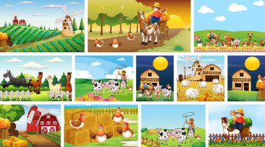 Set of different farm scenes with animal farm cartoon style illustration clipart