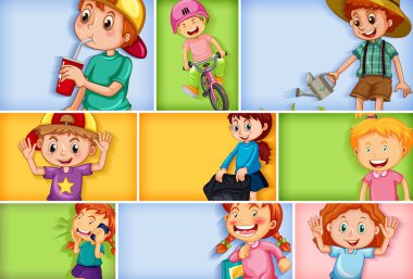 Farklı arkaplan resimlerinde farklı çocuk karakterleri kümesi