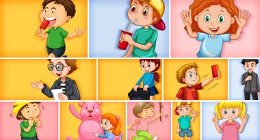 Farklı arkaplan resimlerinde farklı çocuk karakterleri kümesi