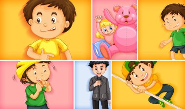 Farklı arkaplan resimlerinde farklı çocuk karakterleri kümesi