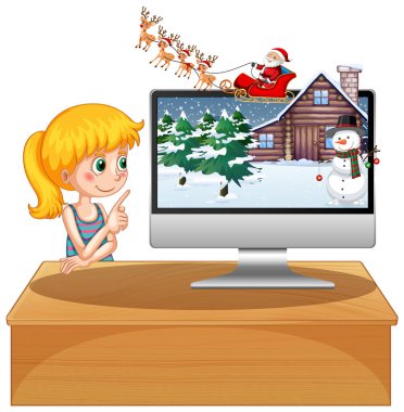 Xmas masaüstü resimli bilgisayarın yanındaki kız