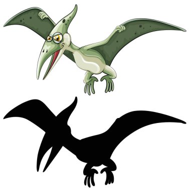 Beyaz arkaplanda dinozor çizgi film karakteri ve silueti.