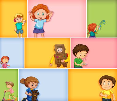 Farklı arkaplan resimlerinde farklı çocuk karakterleri kümesi