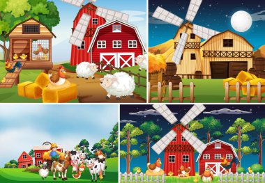 Hayvan çiftliği karikatür stili resimli farklı çiftlik sahneleri.