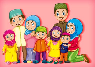 Çizgi film karakter gradyan arkaplan illüstrasyonunda Müslüman aile üyesi