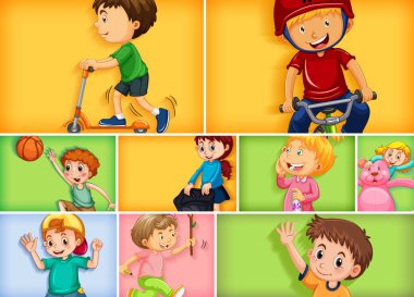 Farklı arkaplan resimlerinde farklı çocuk karakterleri kümesi