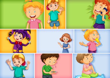 Farklı arkaplan resimlerinde farklı çocuk karakterleri kümesi