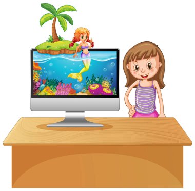 Bilgisayar ekranında deniz kızı illüstrasyonu