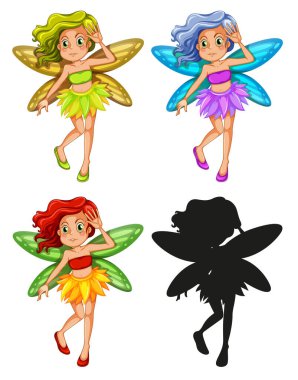 Beyaz arkaplan çiziminde peri karakterleri ve silueti