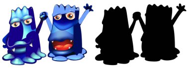 Beyaz arkaplanda silüeti olan bir mavi canavar kümesi.