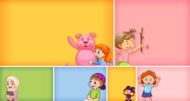 Farklı arkaplan resimlerinde farklı çocuk karakterleri kümesi