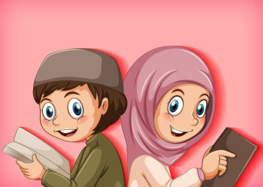 Müslüman çocuklar Kuran illüstrasyonundan okuyor.
