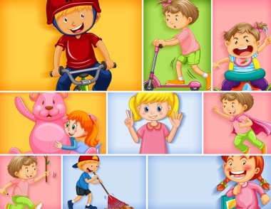 Farklı arkaplan resimlerinde farklı çocuk karakterleri kümesi