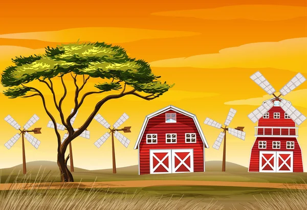 Granja Escena Naturaleza Con Granero Molino Viento Ilustración — Vector de stock